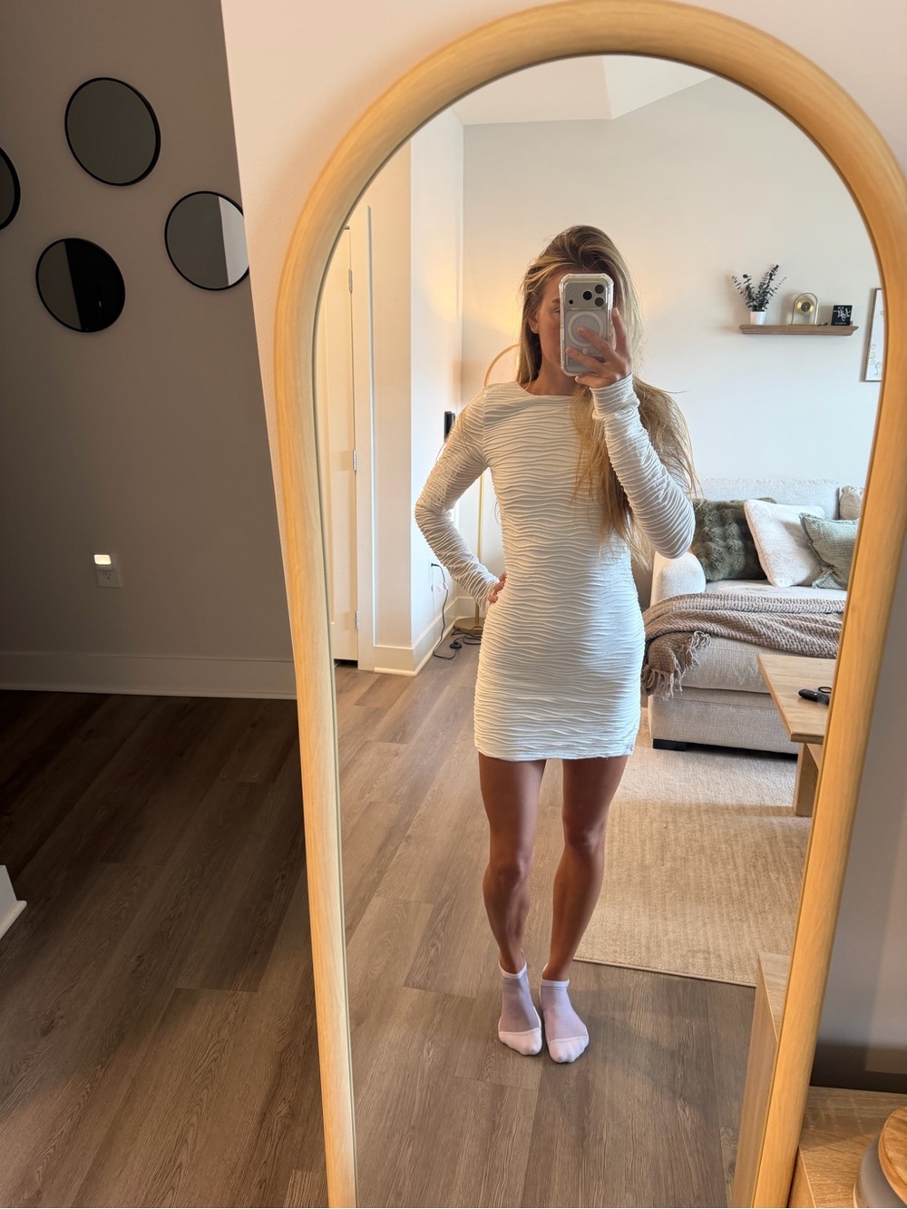 Princess Polly Women's Long Sleeve White Textured Bodycon Dress